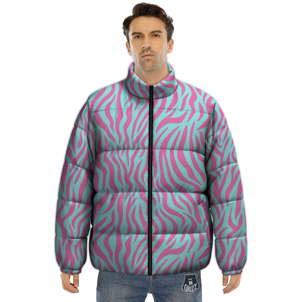 Zebra Stripes Blue And Pink Print Puffer Jacket-grizzshop