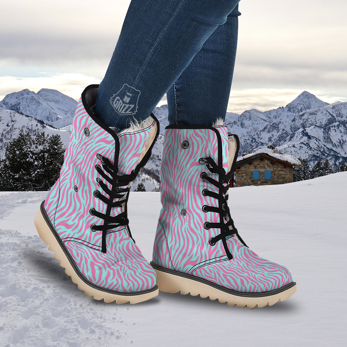 Zebra Stripes Blue And Pink Print Snow Boots-grizzshop
