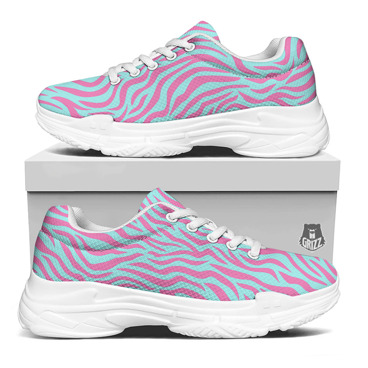 Zebra Stripes Blue And Pink Print White Chunky Shoes-grizzshop