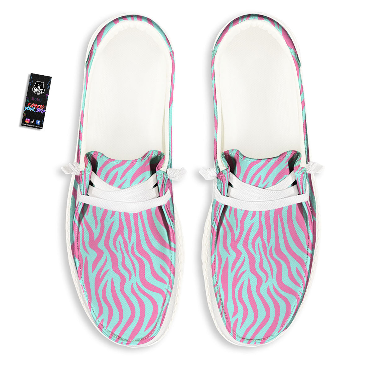 Zebra Stripes Blue And Pink Print White Loafers-grizzshop