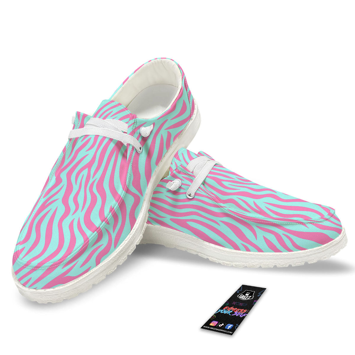 Zebra Stripes Blue And Pink Print White Loafers-grizzshop