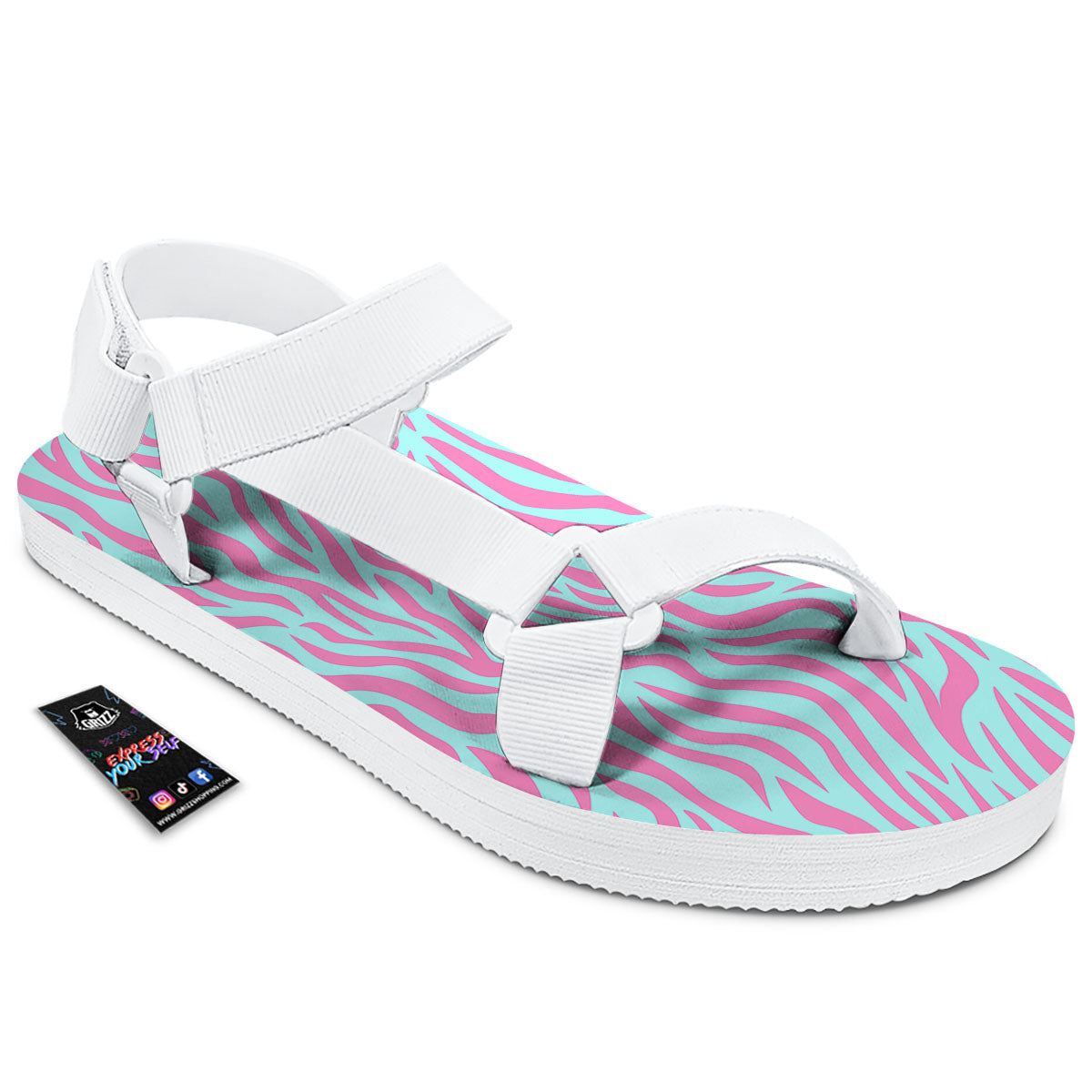 Zebra Stripes Blue And Pink Print White Open Toe Sandals-grizzshop