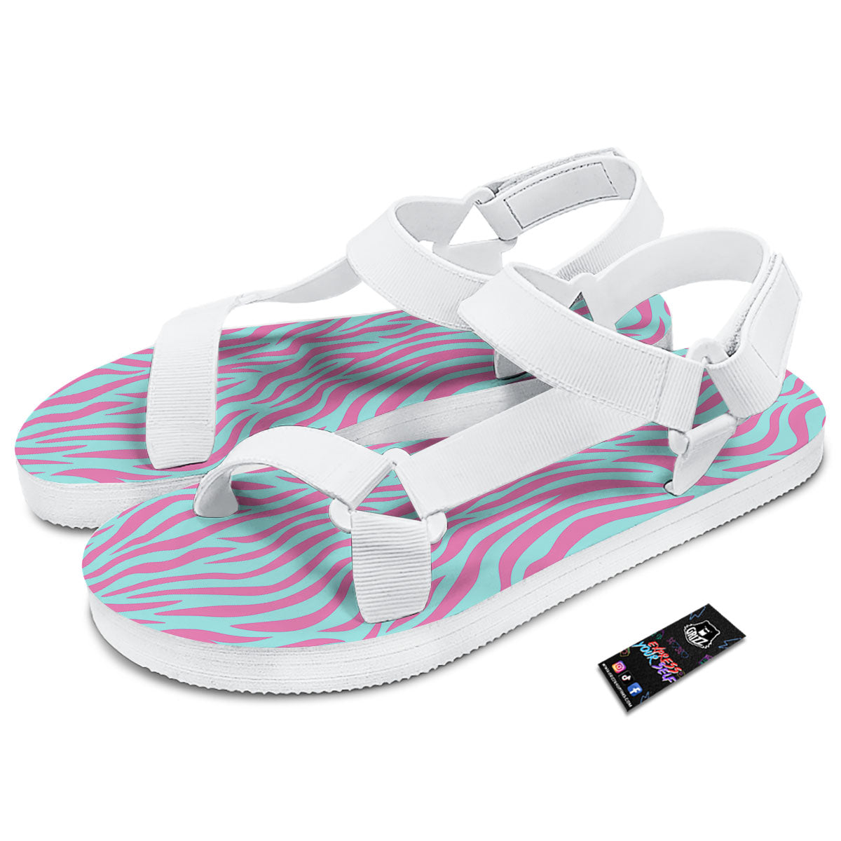 Zebra Stripes Blue And Pink Print White Open Toe Sandals-grizzshop