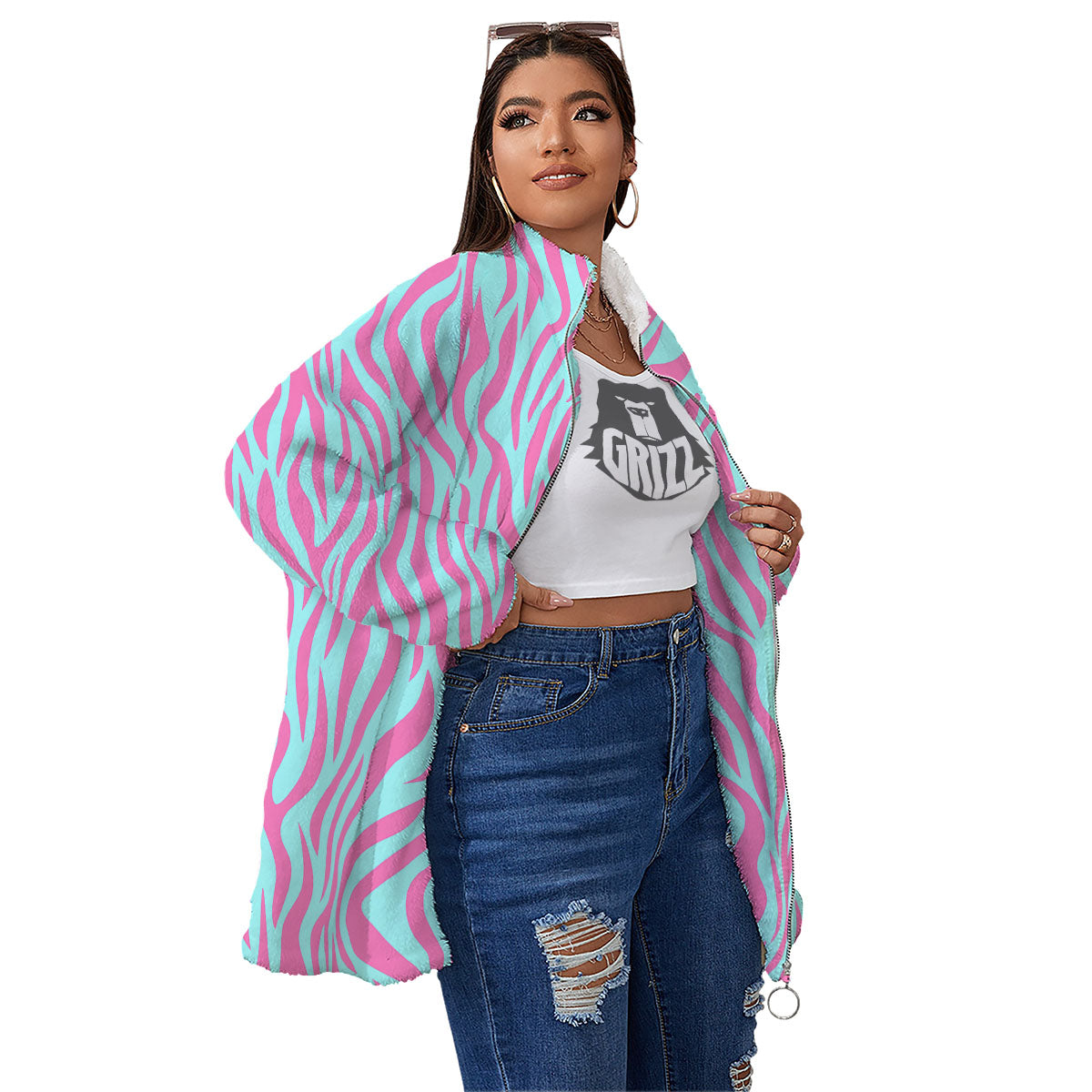 Zebra Stripes Blue And Pink Print Women's Sherpa Jacket-grizzshop