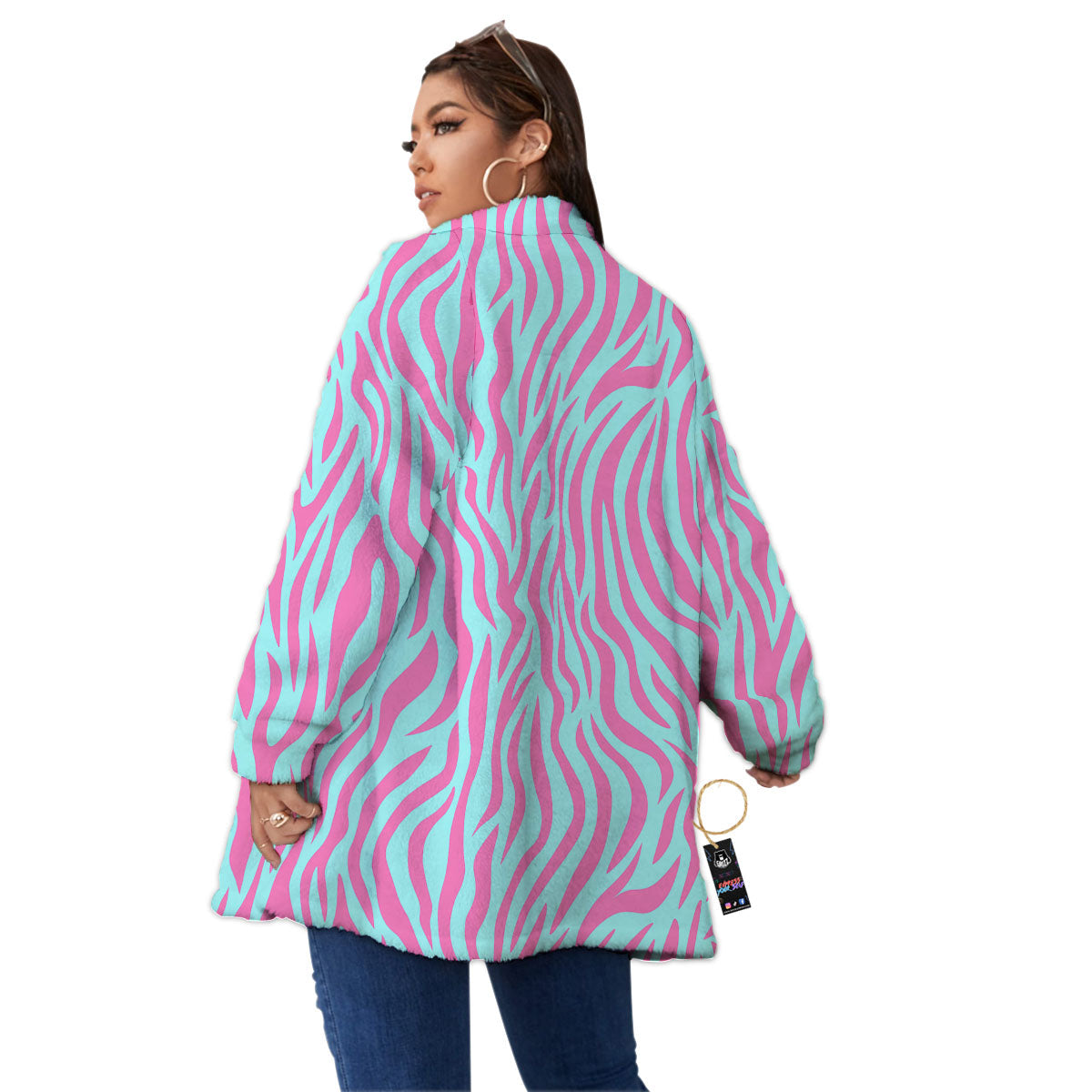 Zebra Stripes Blue And Pink Print Women's Sherpa Jacket-grizzshop