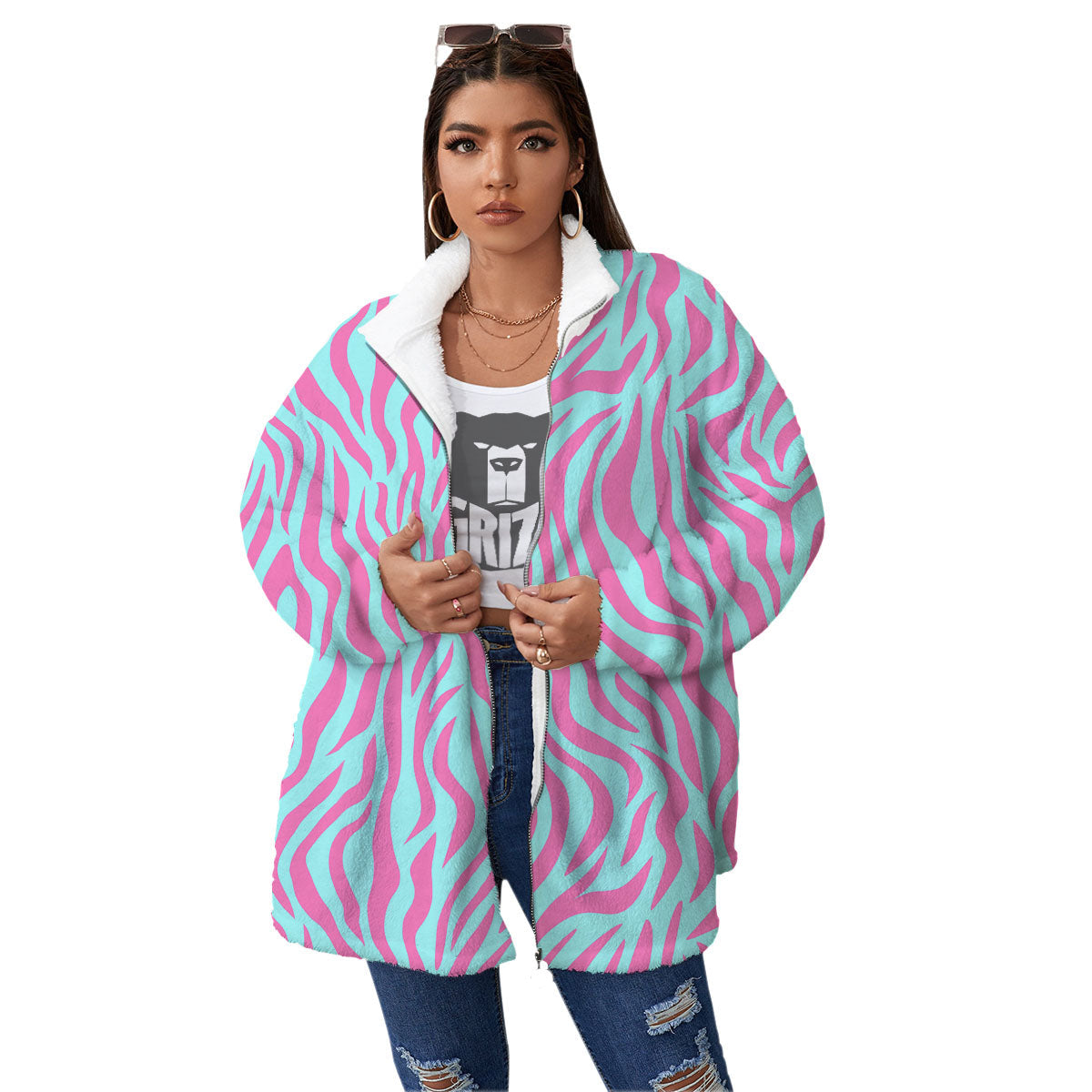 Zebra Stripes Blue And Pink Print Women's Sherpa Jacket-grizzshop