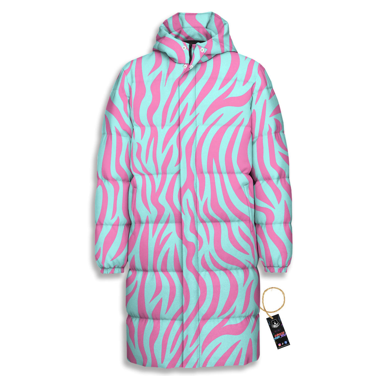 Zebra Stripes Blue And Pink Print Long Down Jacket