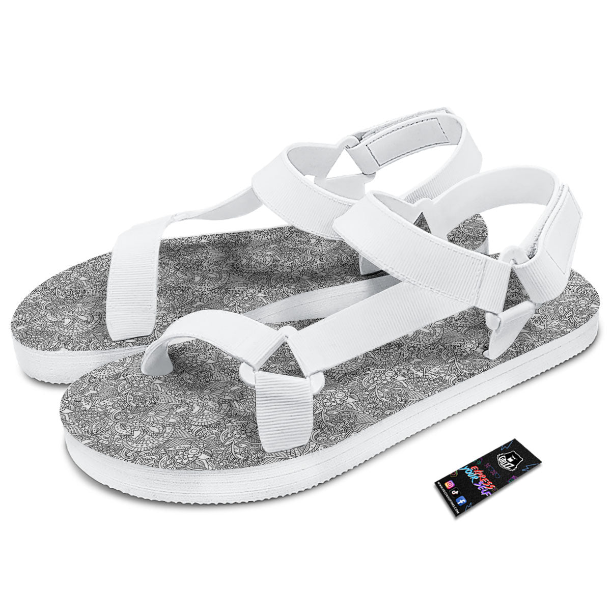 Zentangle Ethnic Print Pattern White Open Toe Sandals-grizzshop