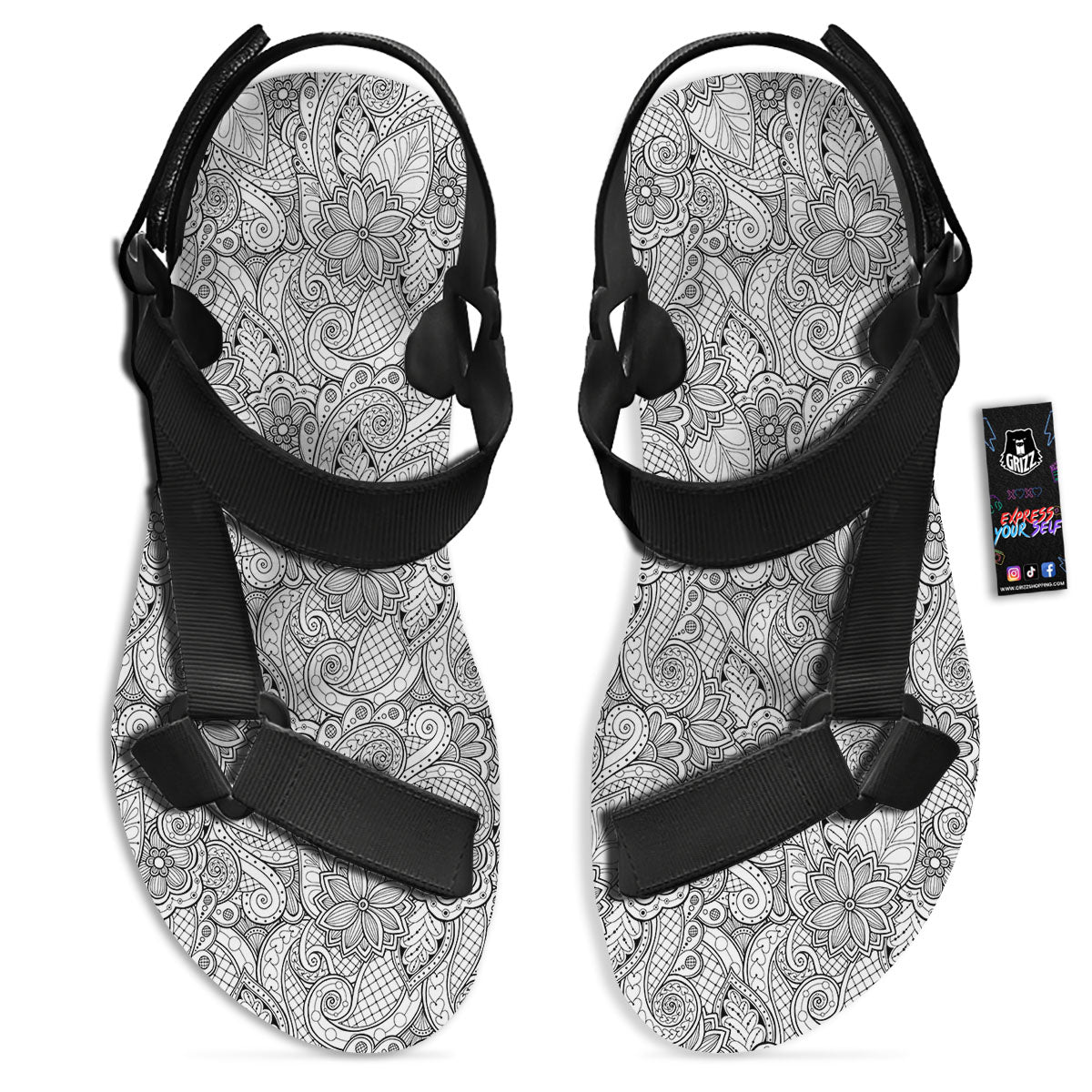 Zentangle Monochrome Print Pattern Black Open Toe Sandals-grizzshop