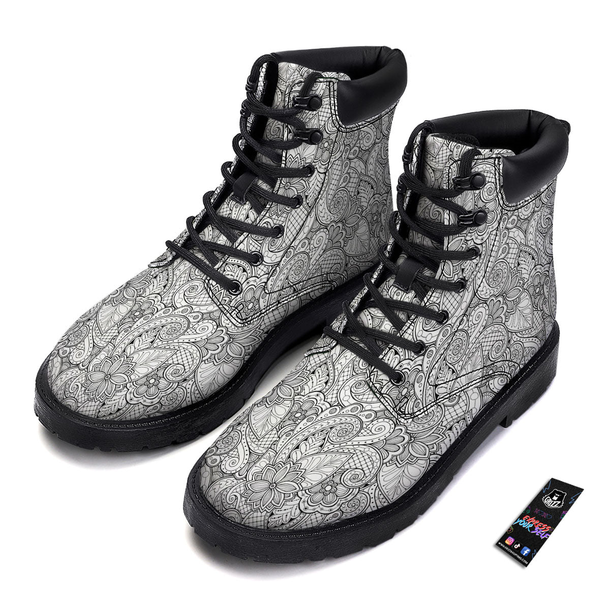 Zentangle Monochrome Print Pattern Boots-grizzshop