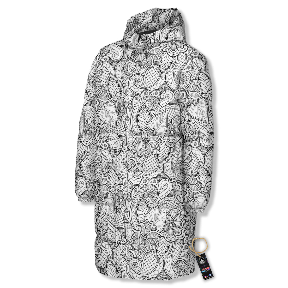 Zentangle Monochrome Print Pattern Long Down Jacket-grizzshop