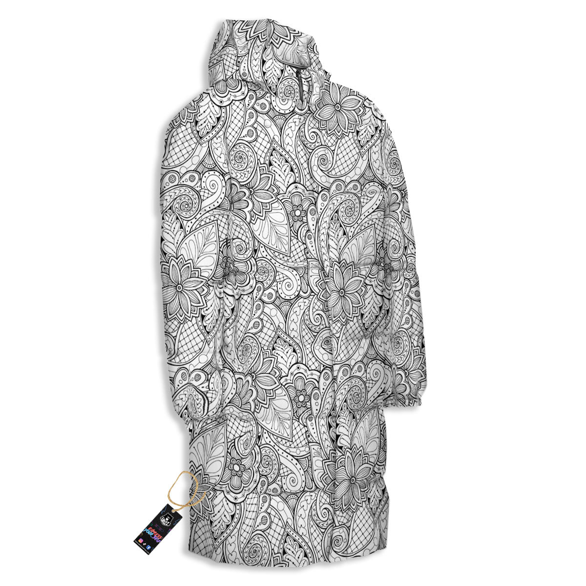 Zentangle Monochrome Print Pattern Long Down Jacket-grizzshop