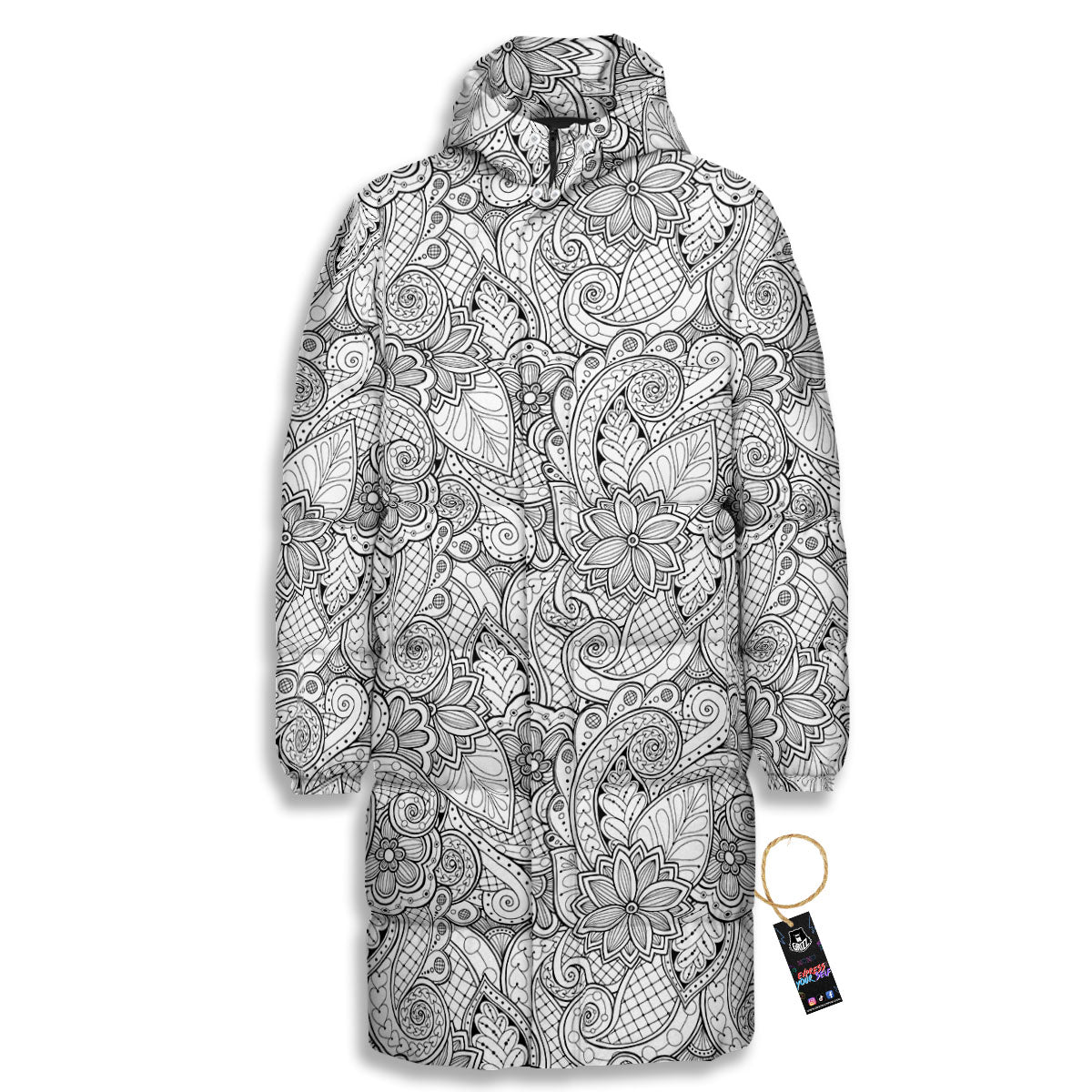 Zentangle Monochrome Print Pattern Long Down Jacket-grizzshop