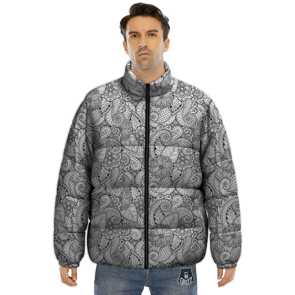Zentangle Monochrome Print Pattern Puffer Jacket-grizzshop