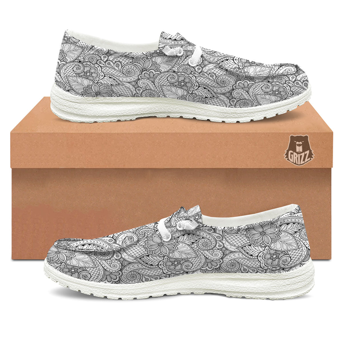 Zentangle Monochrome Print Pattern White Loafers-grizzshop