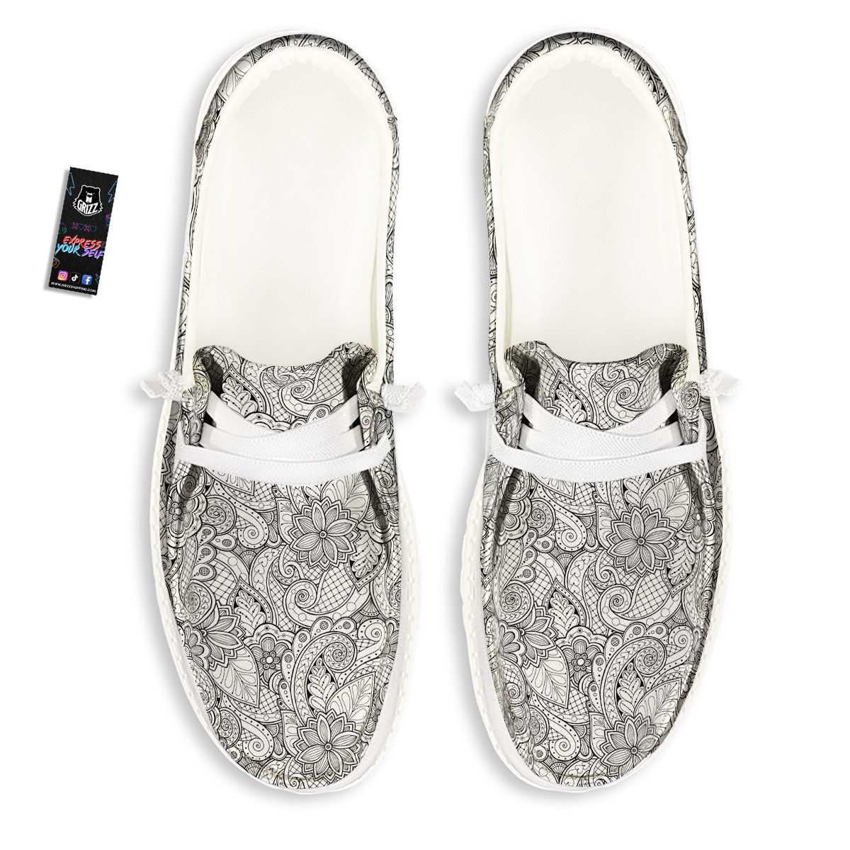 Zentangle Monochrome Print Pattern White Loafers-grizzshop