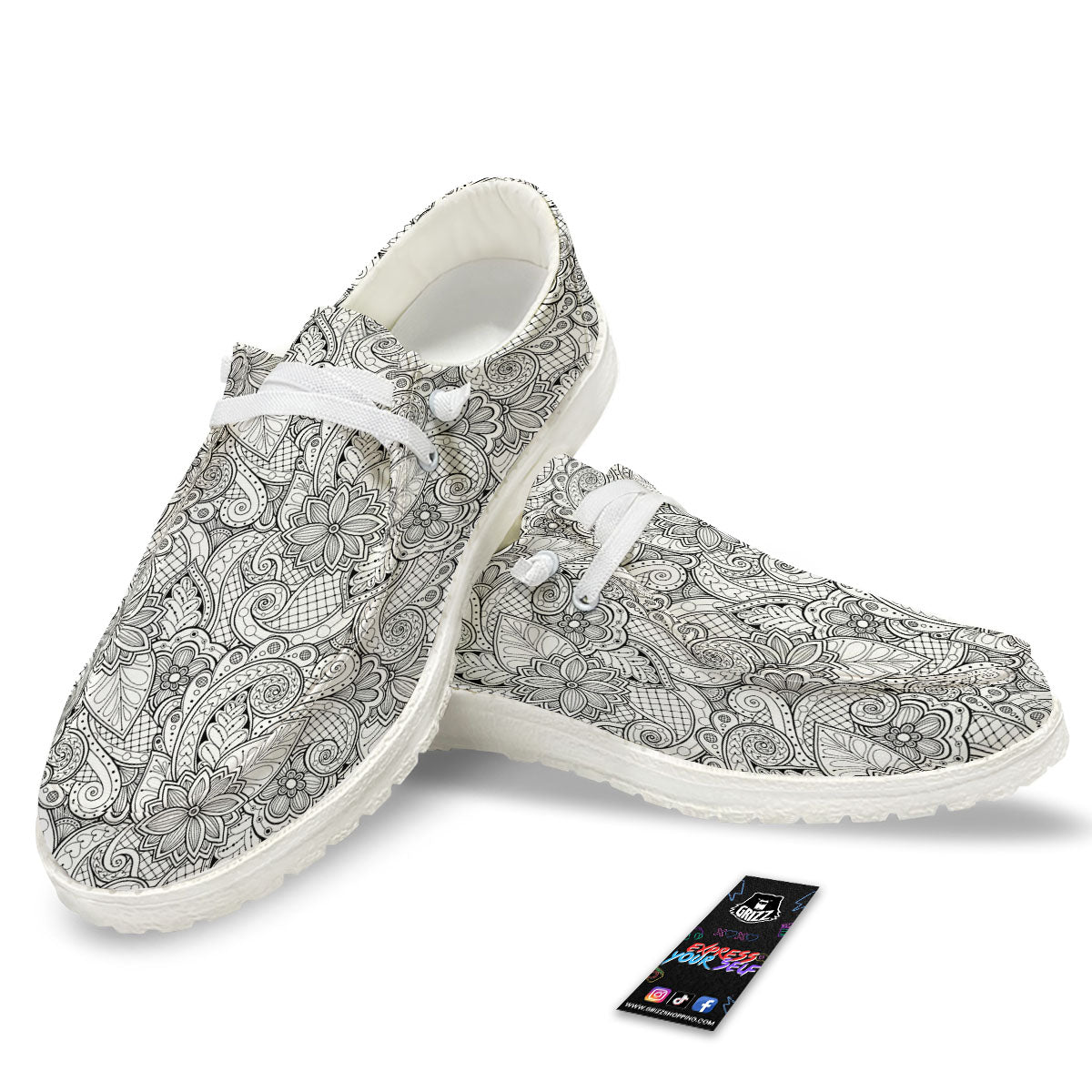 Zentangle Monochrome Print Pattern White Loafers-grizzshop