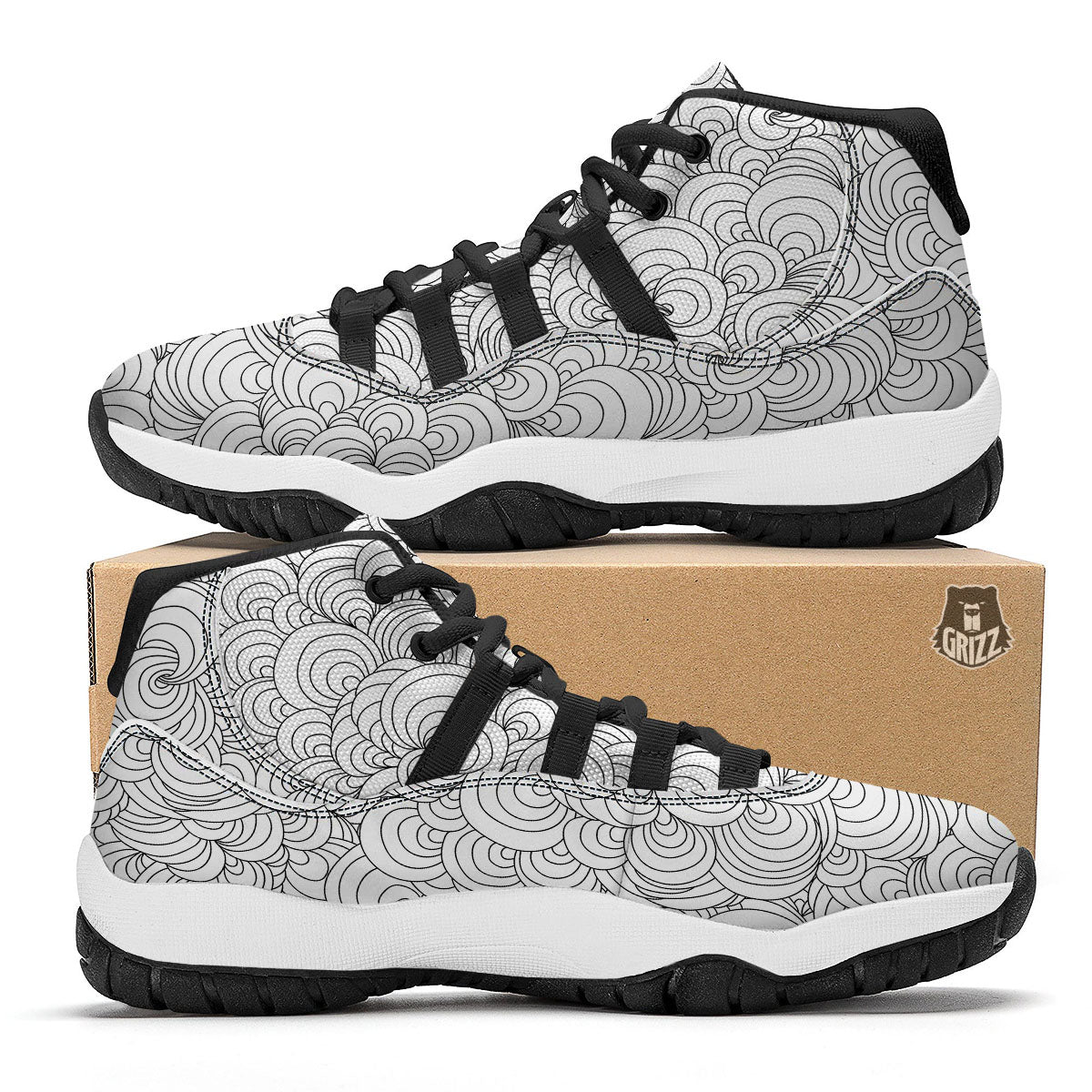 Zentangle White And Black Print Pattern Black Bball Shoes-grizzshop