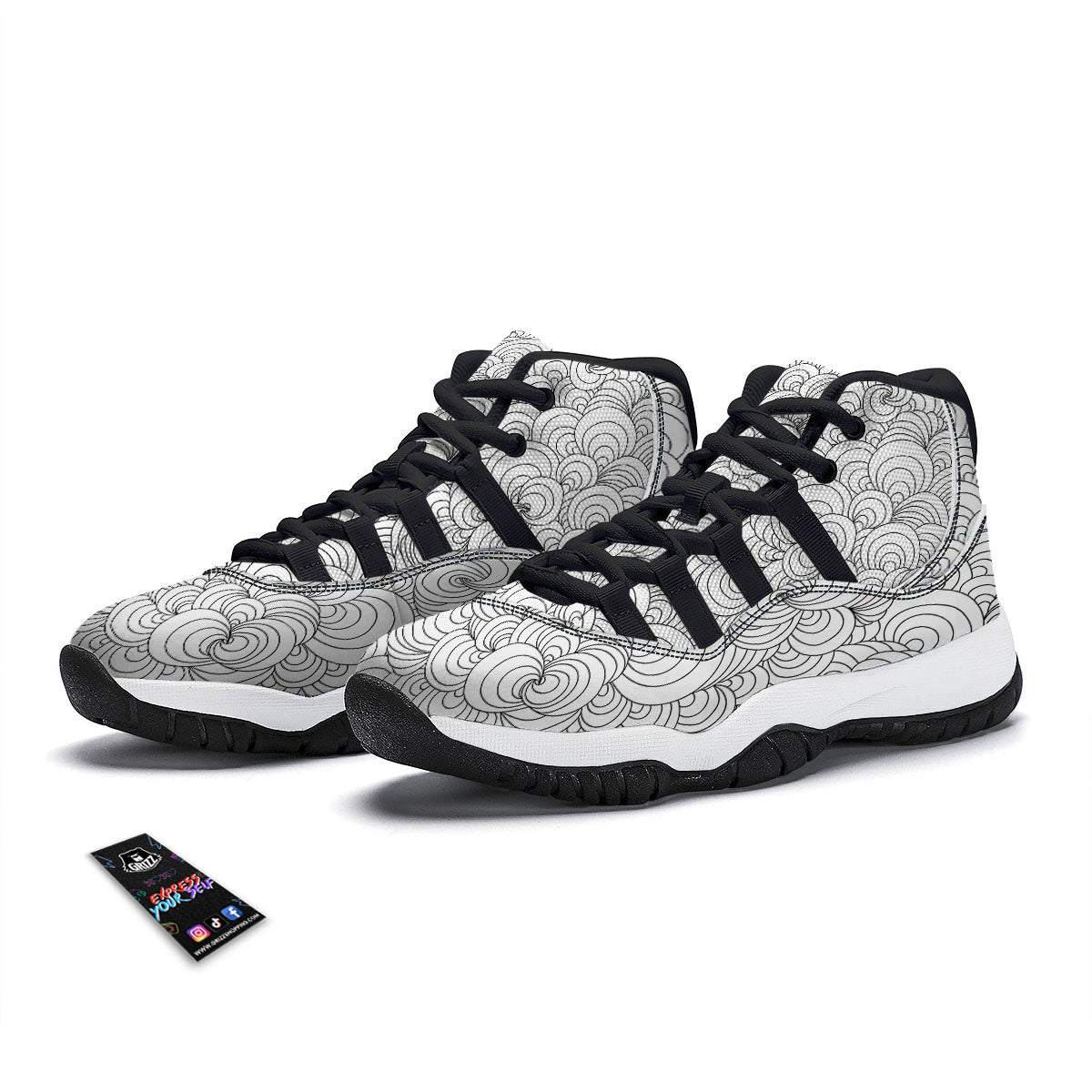 Zentangle White And Black Print Pattern Black Bball Shoes-grizzshop