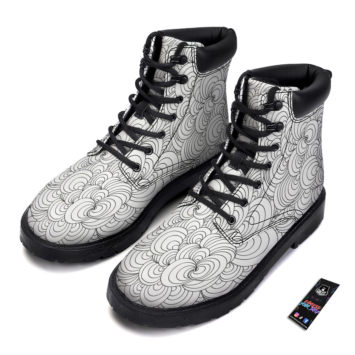 Zentangle White And Black Print Pattern Boots-grizzshop