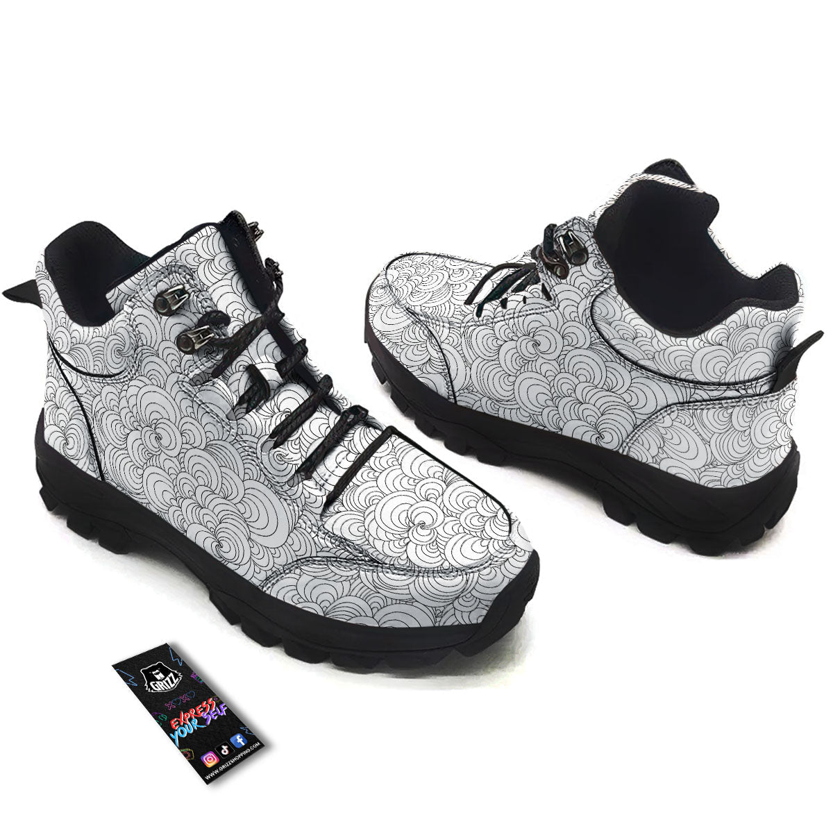 Zentangle White And Black Print Pattern Hiking Shoes-grizzshop