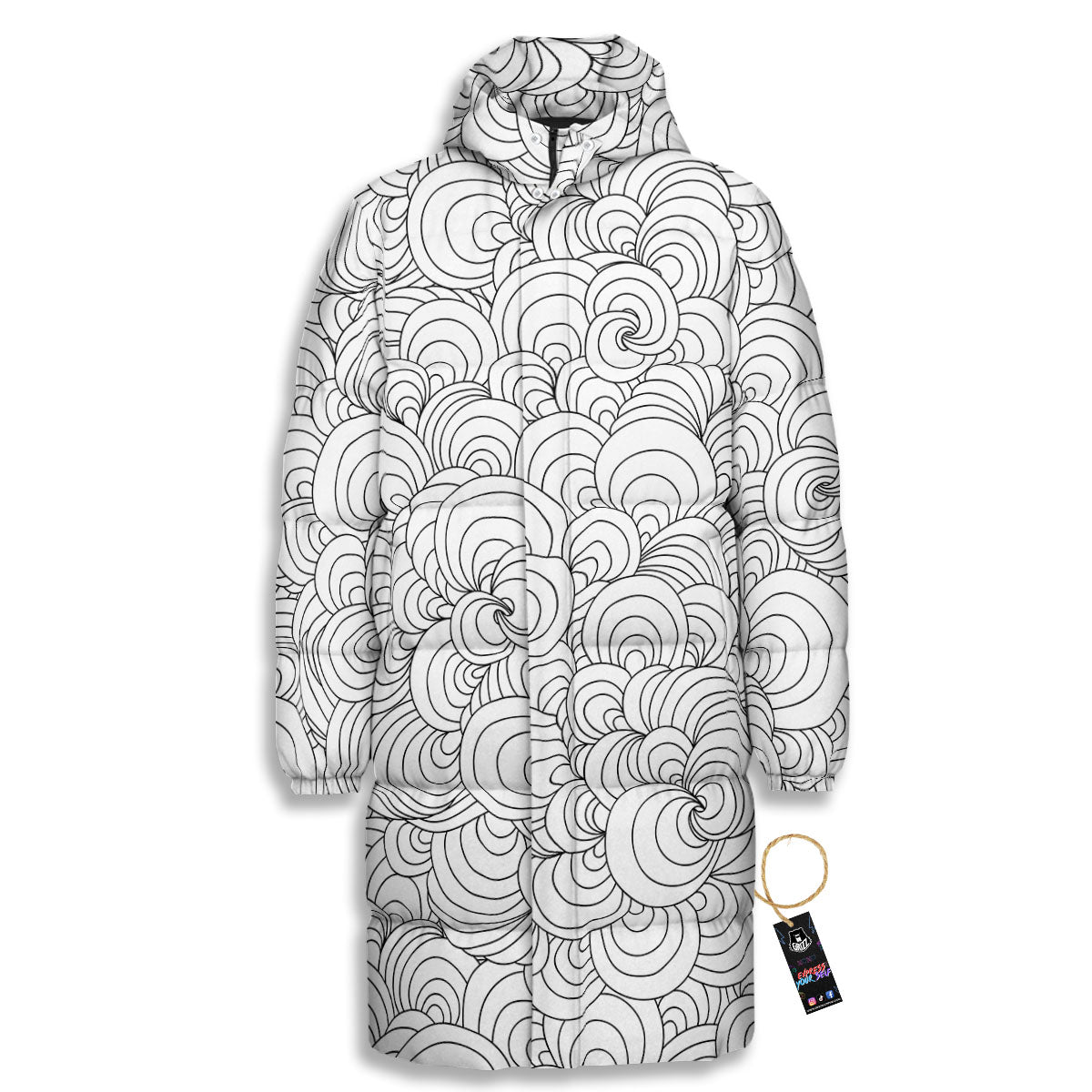 Zentangle White And Black Print Pattern Long Down Jacket-grizzshop