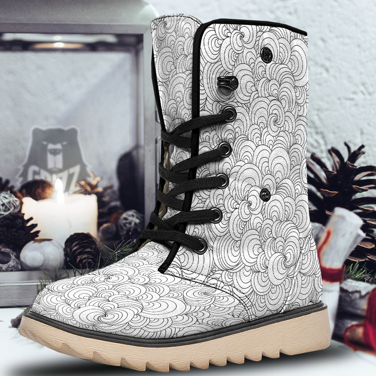 Zentangle White And Black Print Pattern Snow Boots-grizzshop