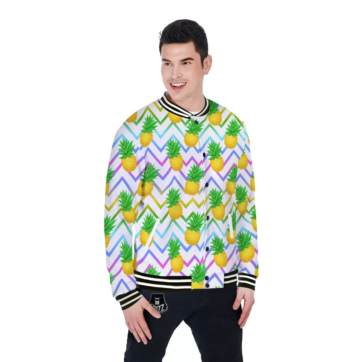 Zig Zag Neon Pineapple Print Pattern Baseball Jacket-grizzshop