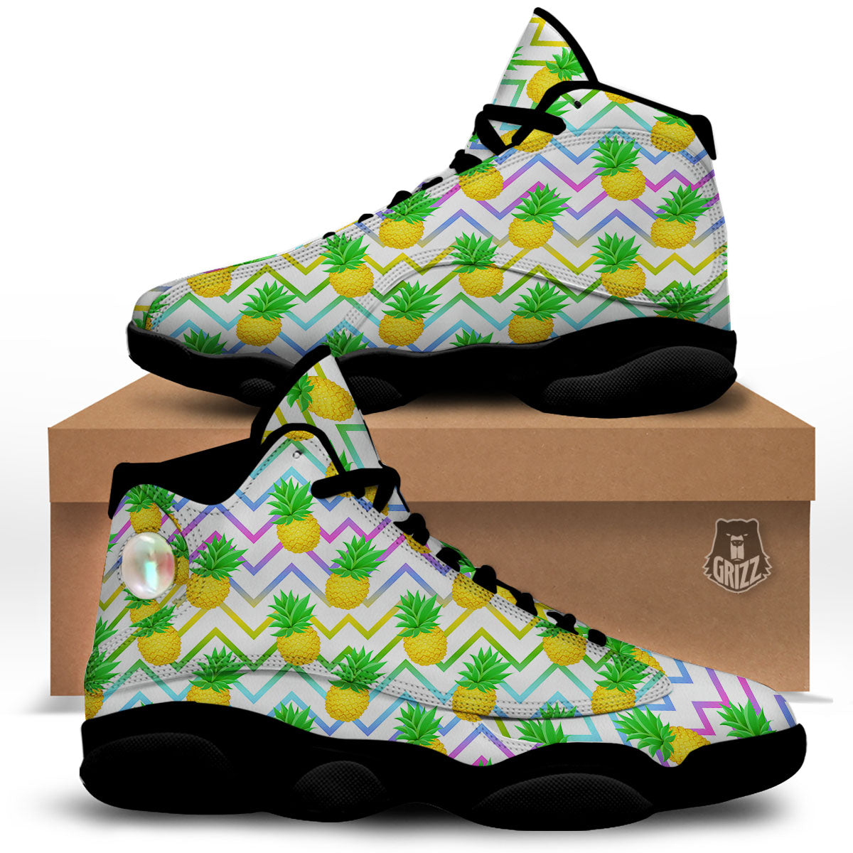 Zig Zag Neon Pineapple Print Pattern Black Basketball Shoes-grizzshop