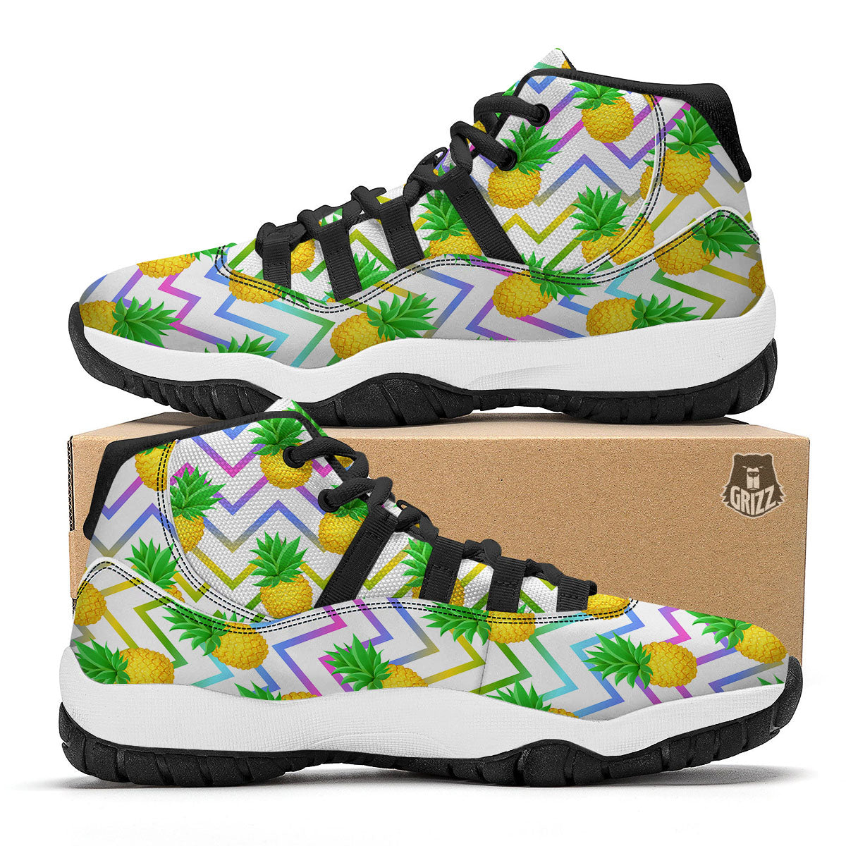 Zig Zag Neon Pineapple Print Pattern Black Bball Shoes-grizzshop