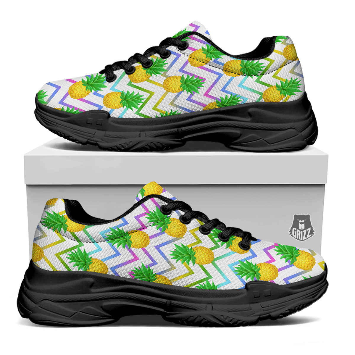Zig Zag Neon Pineapple Print Pattern Black Chunky Shoes-grizzshop