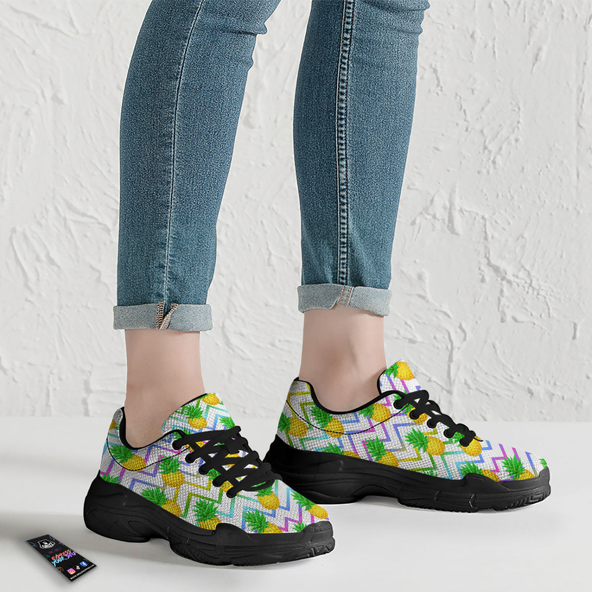 Zig Zag Neon Pineapple Print Pattern Black Chunky Shoes-grizzshop