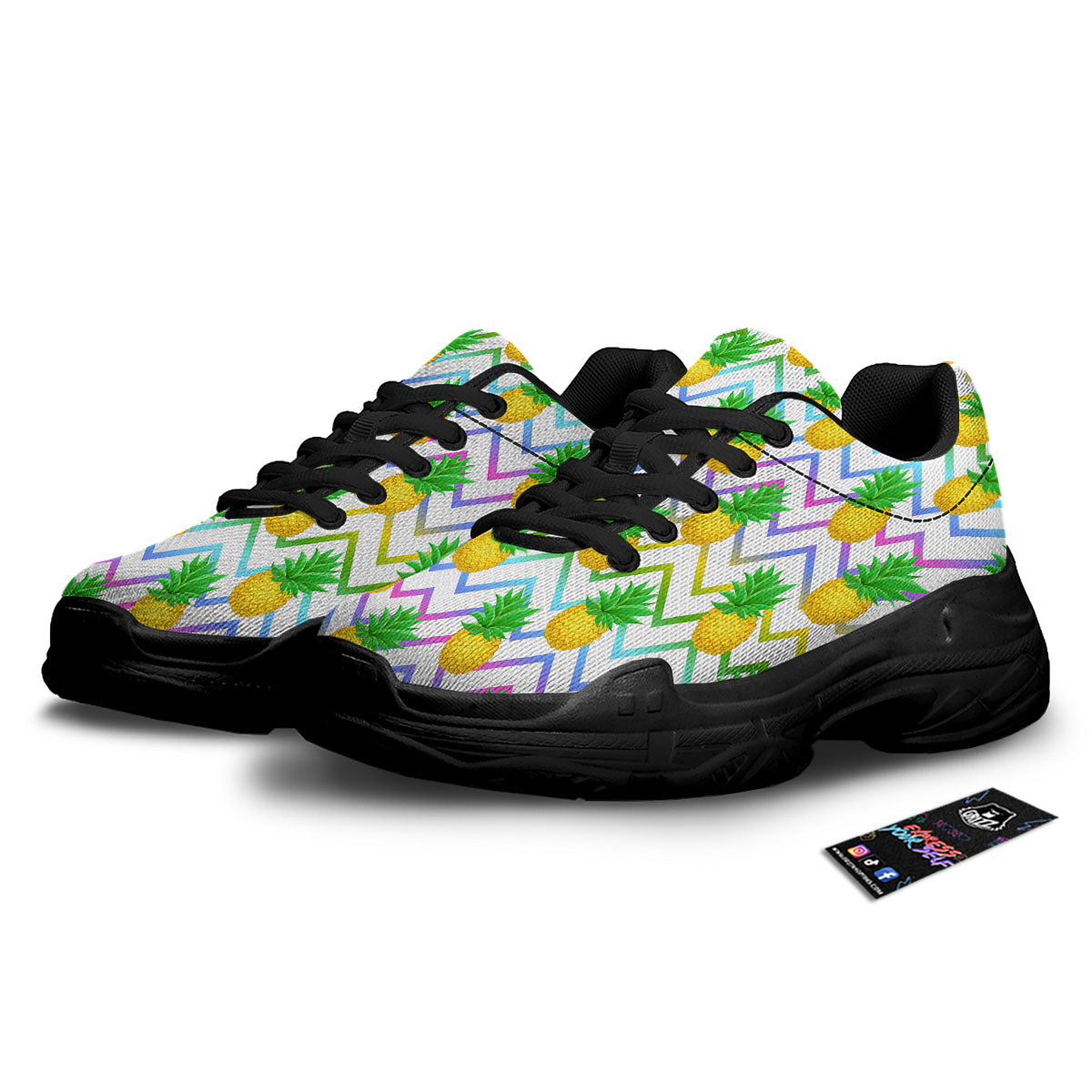 Zig Zag Neon Pineapple Print Pattern Black Chunky Shoes-grizzshop
