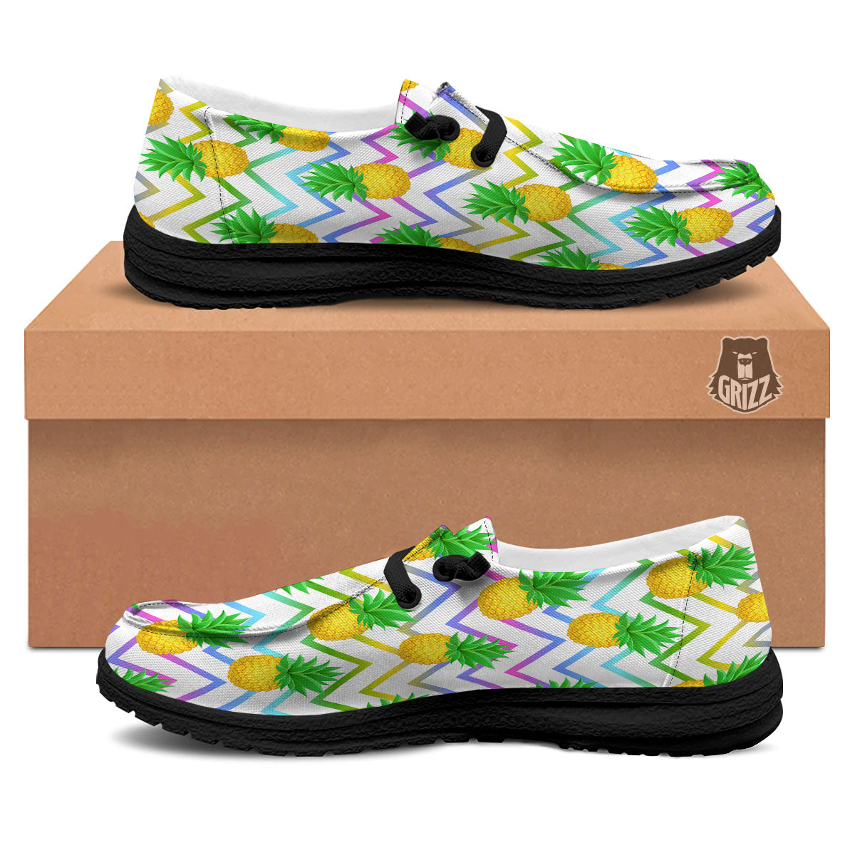 Zig Zag Neon Pineapple Print Pattern Black Loafers-grizzshop