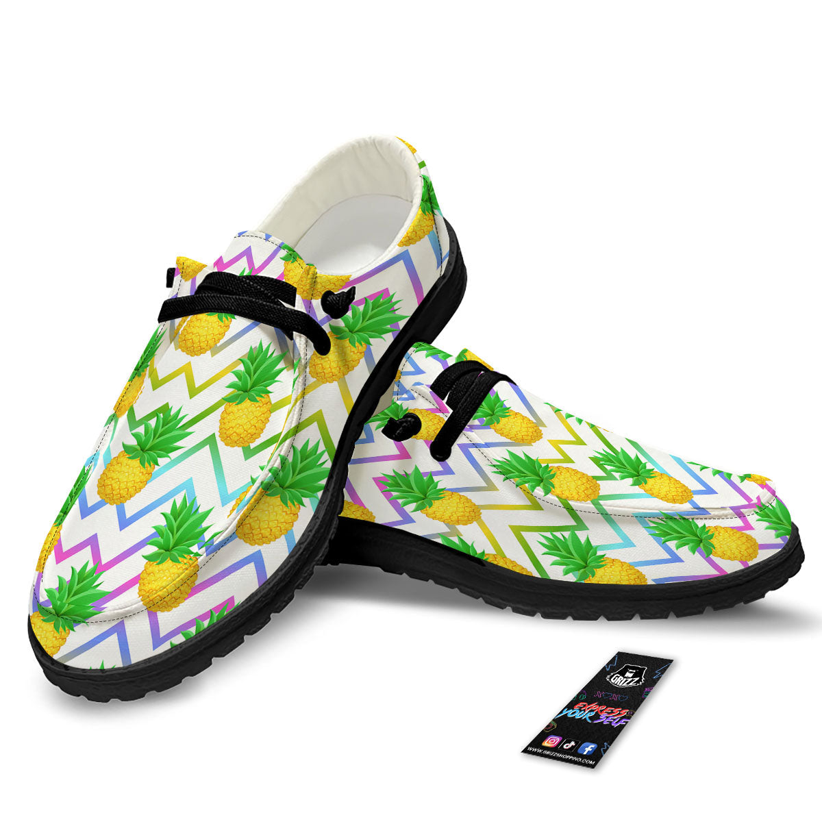 Zig Zag Neon Pineapple Print Pattern Black Loafers-grizzshop