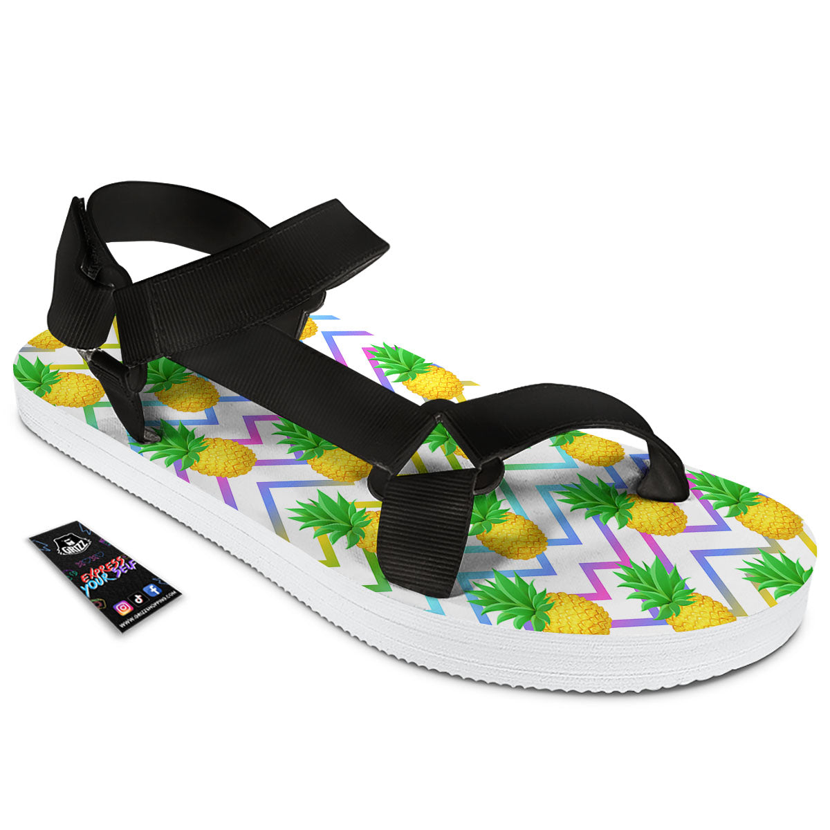 Zig Zag Neon Pineapple Print Pattern Black Open Toe Sandals-grizzshop