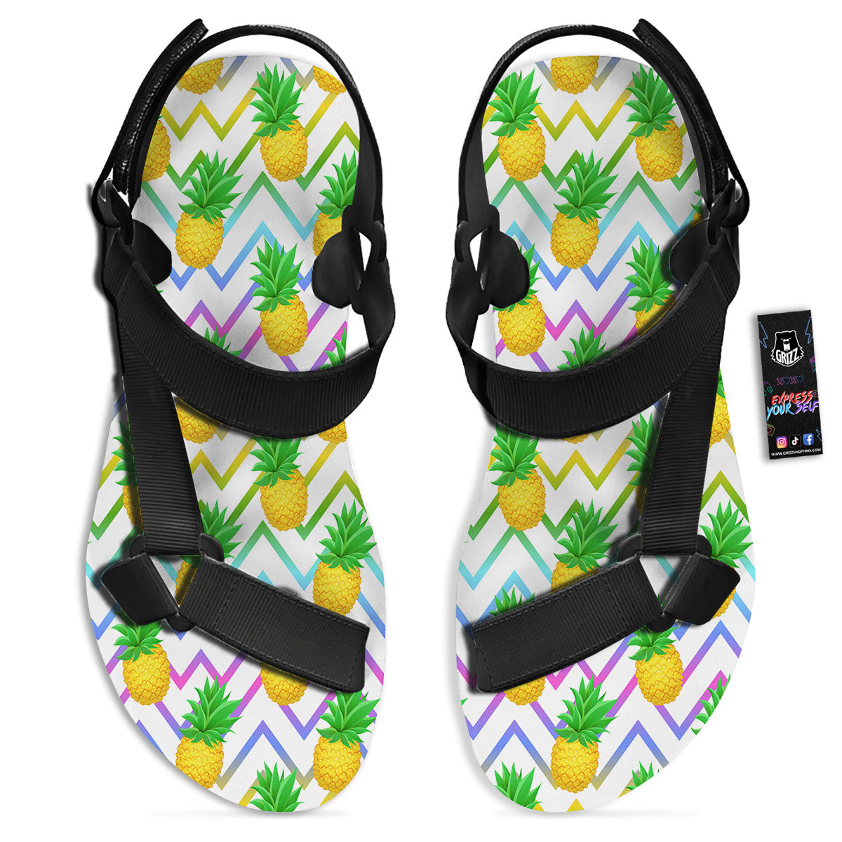 Zig Zag Neon Pineapple Print Pattern Black Open Toe Sandals-grizzshop