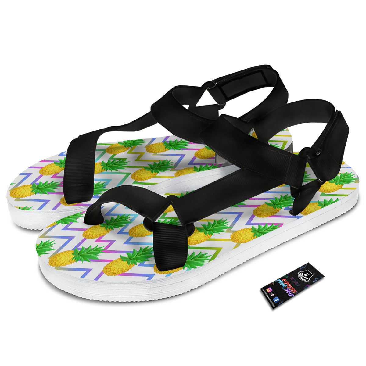 Zig Zag Neon Pineapple Print Pattern Black Open Toe Sandals-grizzshop