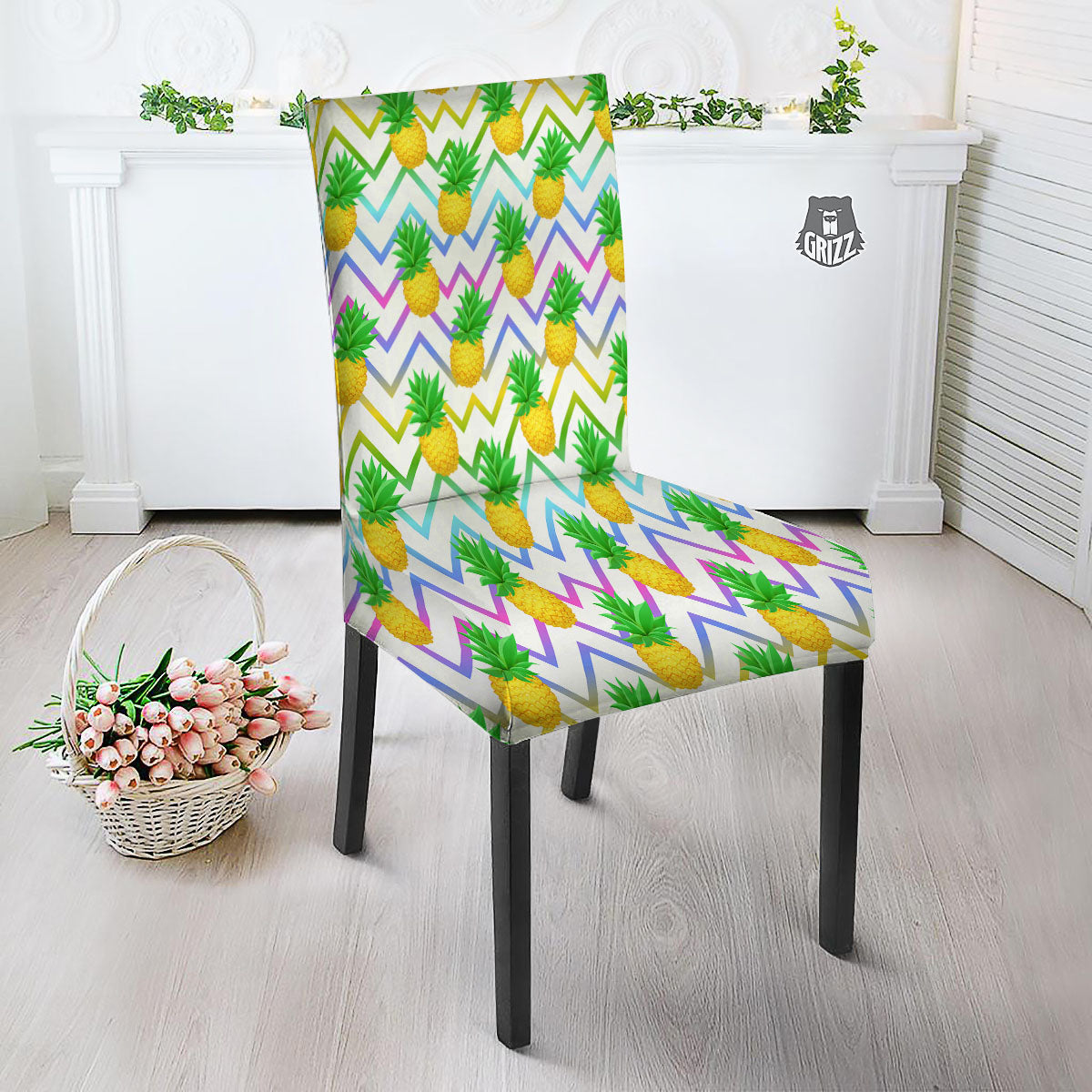 Zig Zag Neon Pineapple Print Pattern Dining Chair Slipcover-grizzshop