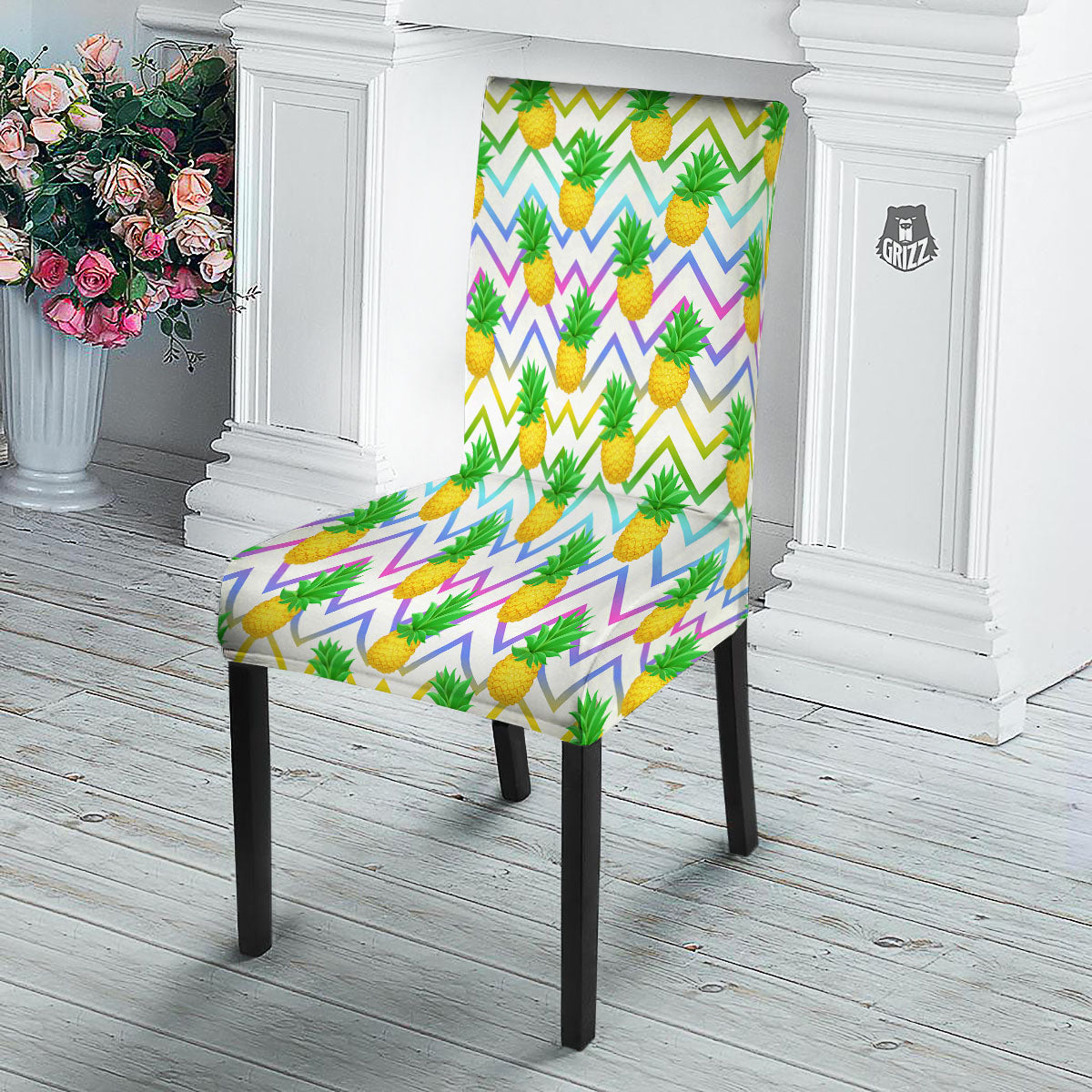 Zig Zag Neon Pineapple Print Pattern Dining Chair Slipcover-grizzshop