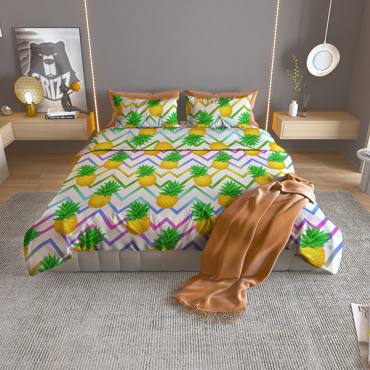 Zig Zag Neon Pineapple Print Pattern Duvet Cover Bedding Set