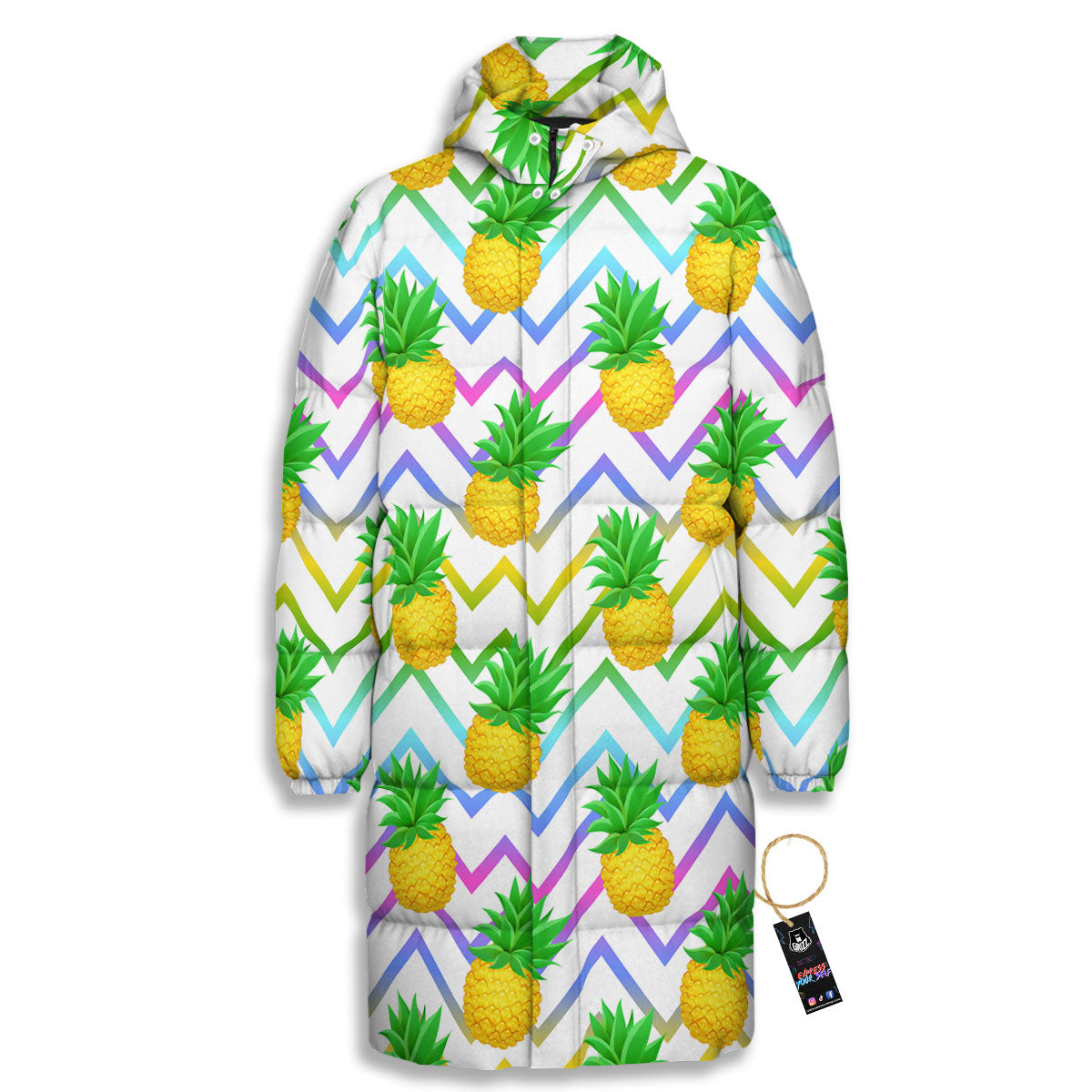 Zig Zag Neon Pineapple Print Pattern Long Down Jacket-grizzshop