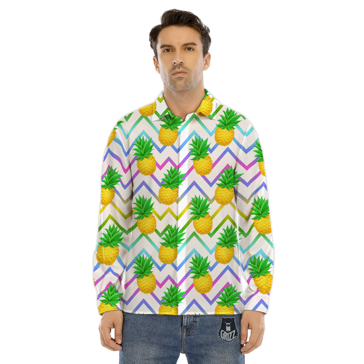 Zig Zag Neon Pineapple Print Pattern Men's Dress Shirts-grizzshop