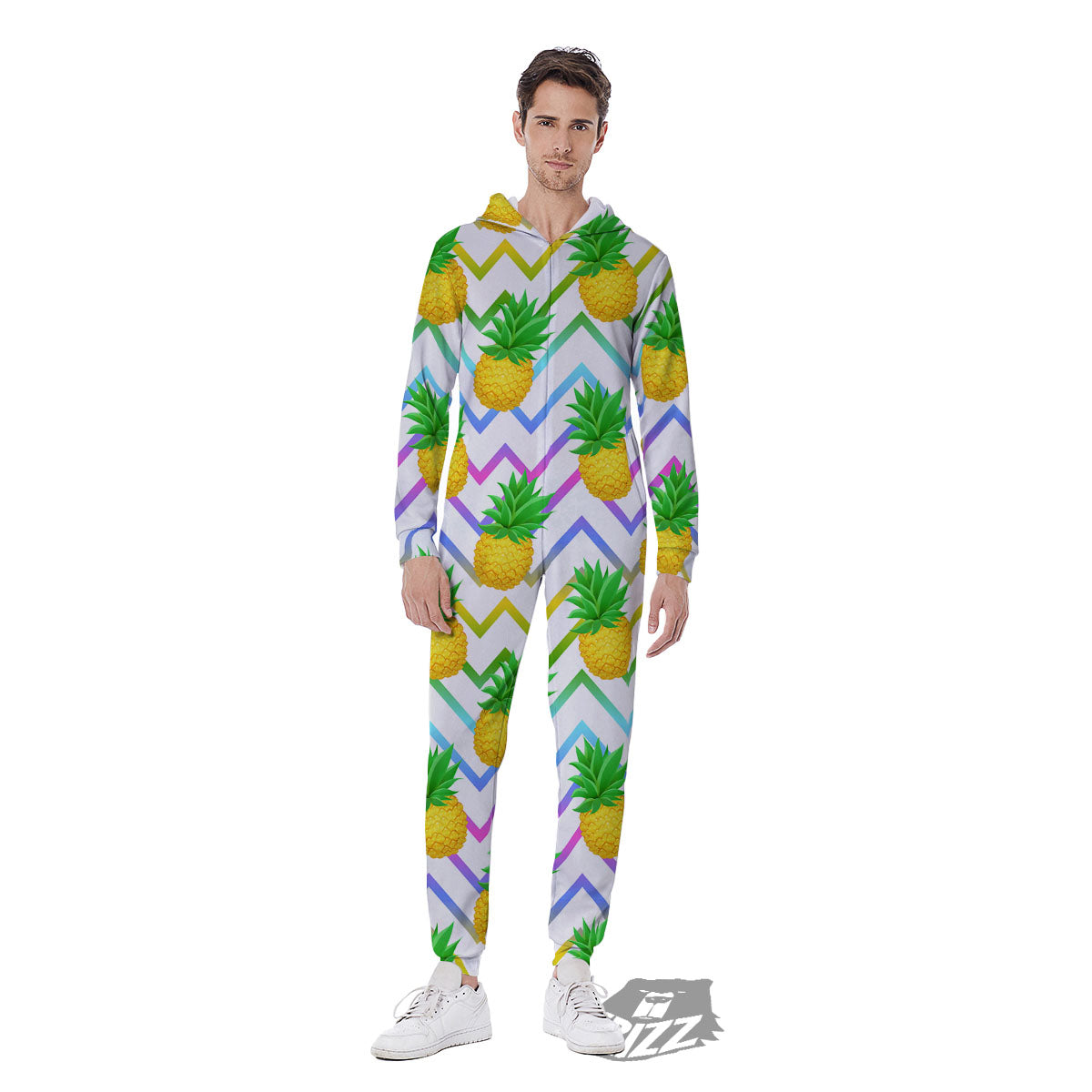 Zig Zag Neon Pineapple Print Pattern Men's Jumpsuit-grizzshop