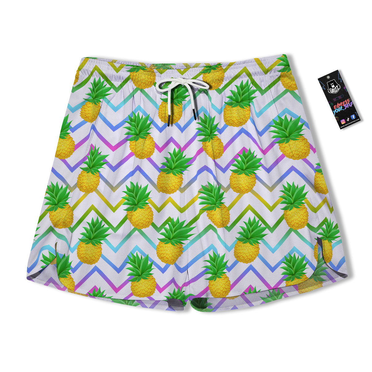 Zig Zag Neon Pineapple Print Pattern Men's Running Shorts-grizzshop