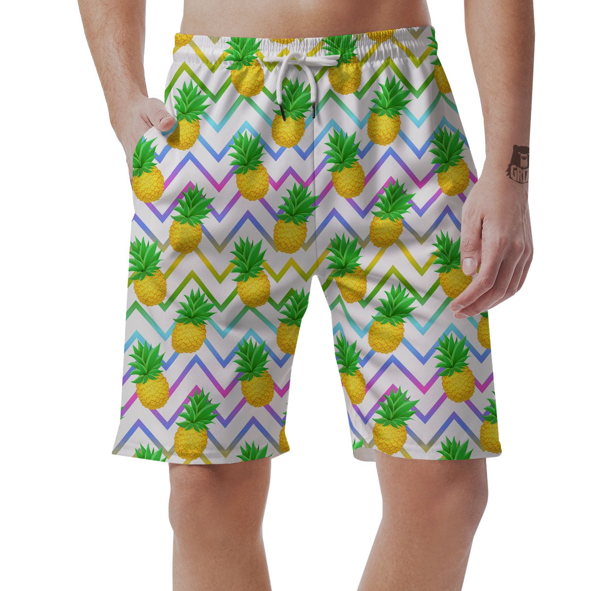 Zig Zag Neon Pineapple Print Pattern Men's Shorts-grizzshop