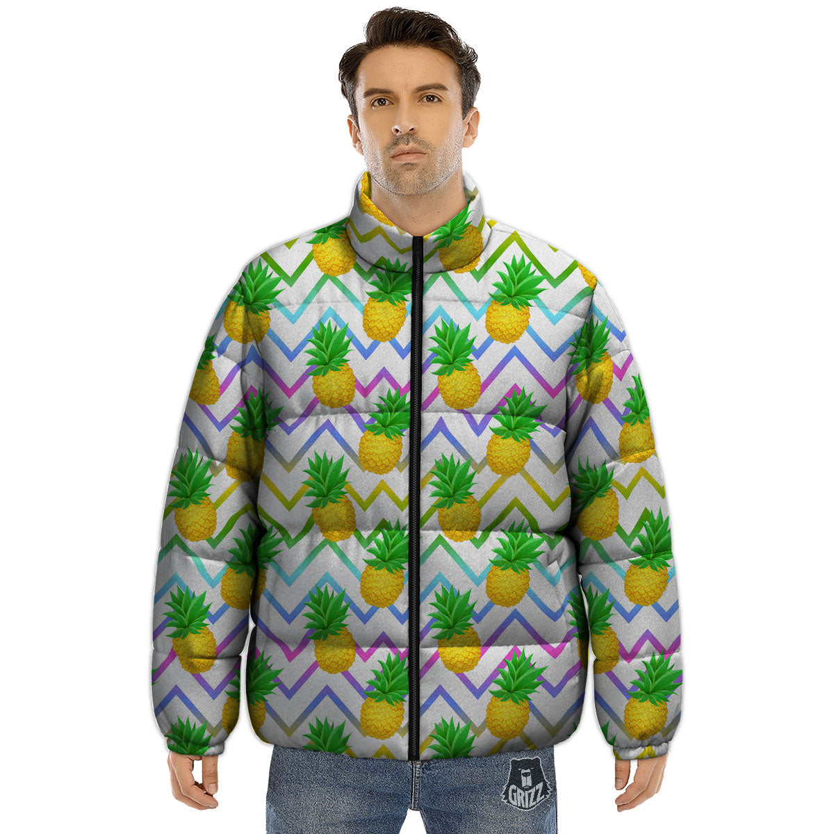 Zig Zag Neon Pineapple Print Pattern Puffer Jacket-grizzshop