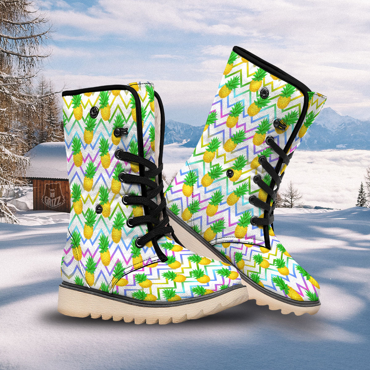 Zig Zag Neon Pineapple Print Pattern Snow Boots-grizzshop