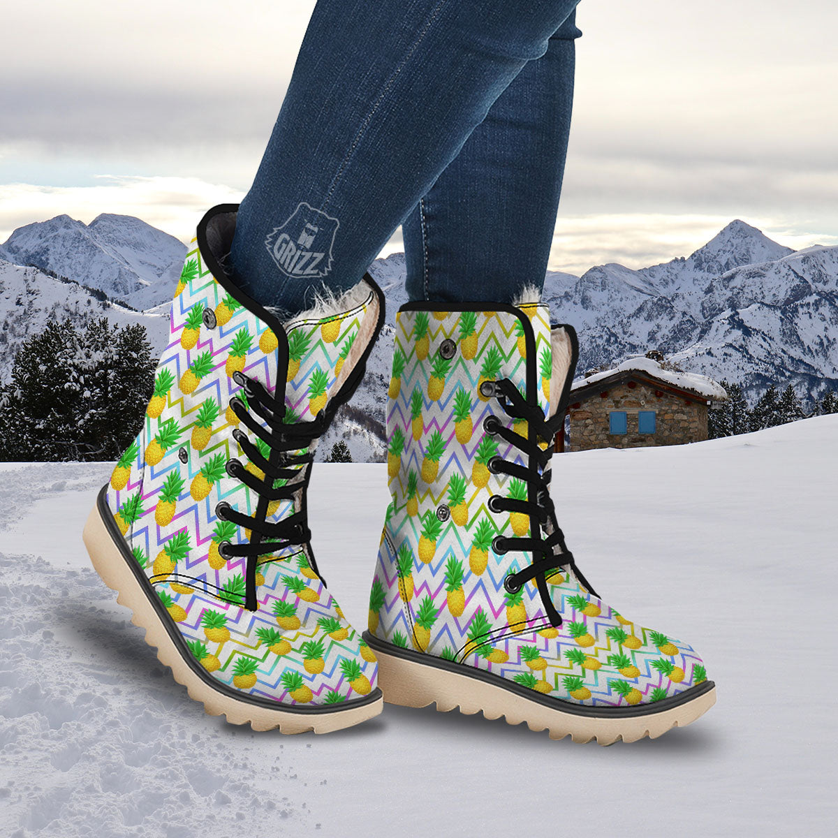 Zig Zag Neon Pineapple Print Pattern Snow Boots-grizzshop