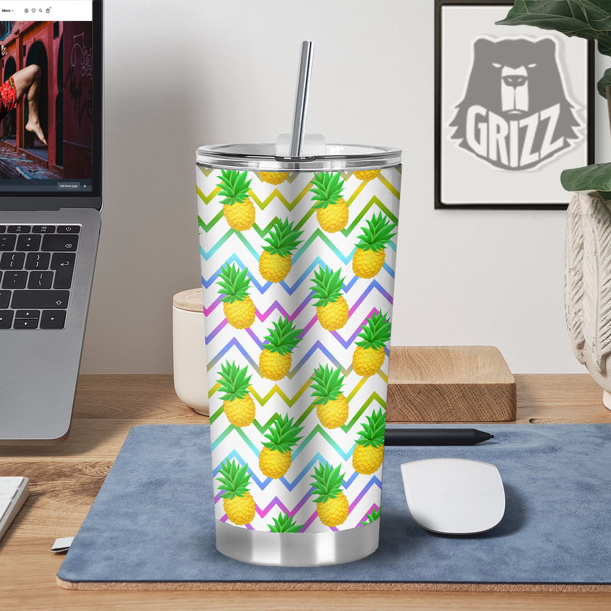 Zig Zag Neon Pineapple Print Pattern Tumbler-grizzshop